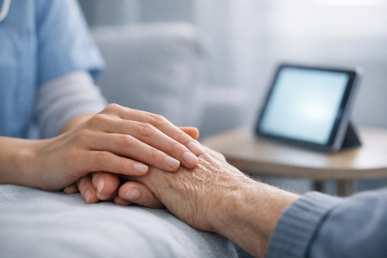 Home health clinician interacting with a patient while an AI SOAP note generator processes clinical data.