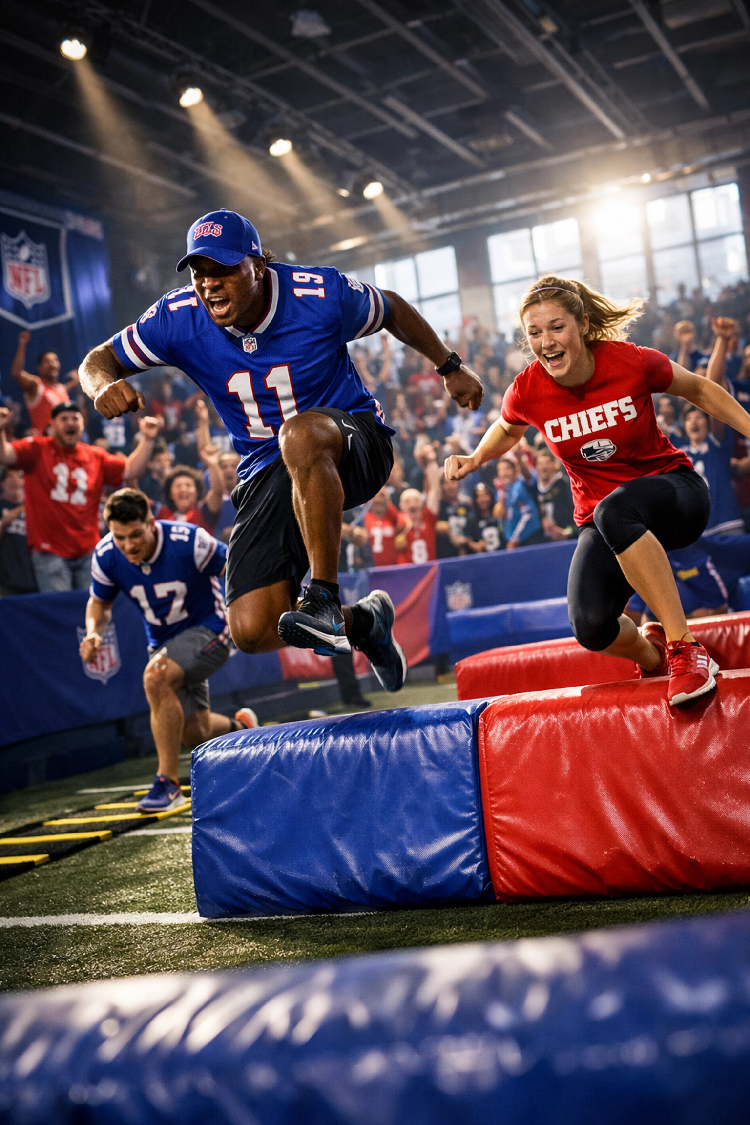 Fans participating in interactive obstacle course at Super Bowl 2026 Experience venue