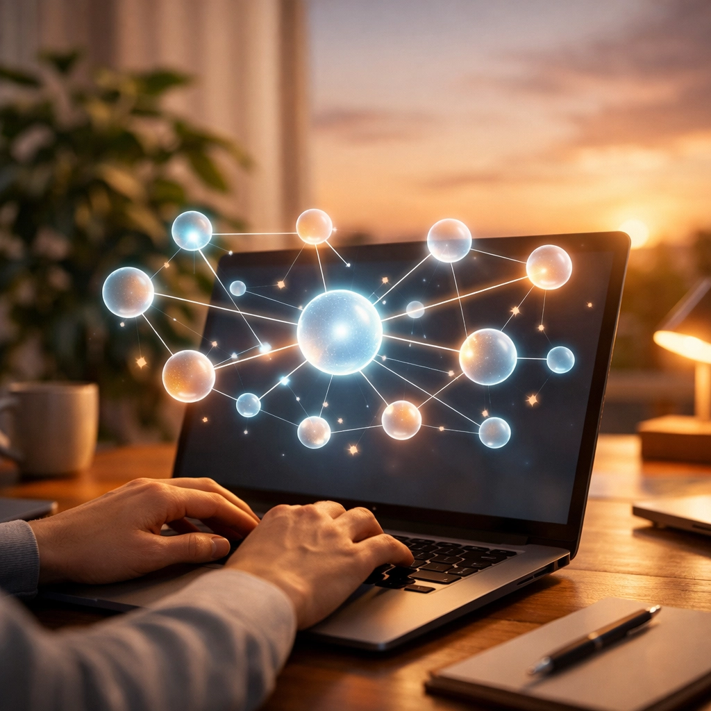 A professional using a laptop to visualize a holographic semantic map for content strategy and SEO.