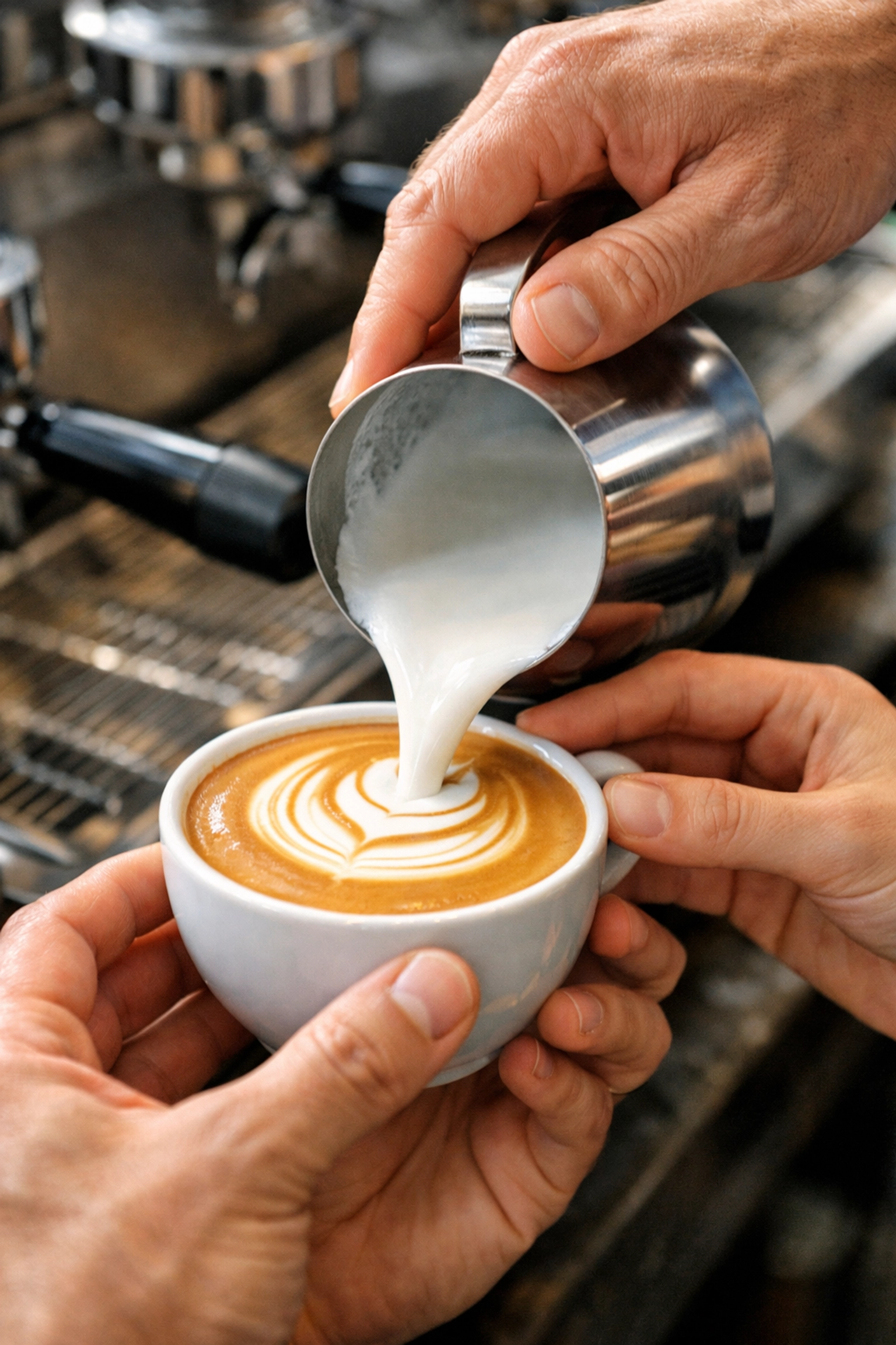 Close-up of professional barista training pouring latte art into a ceramic cup.