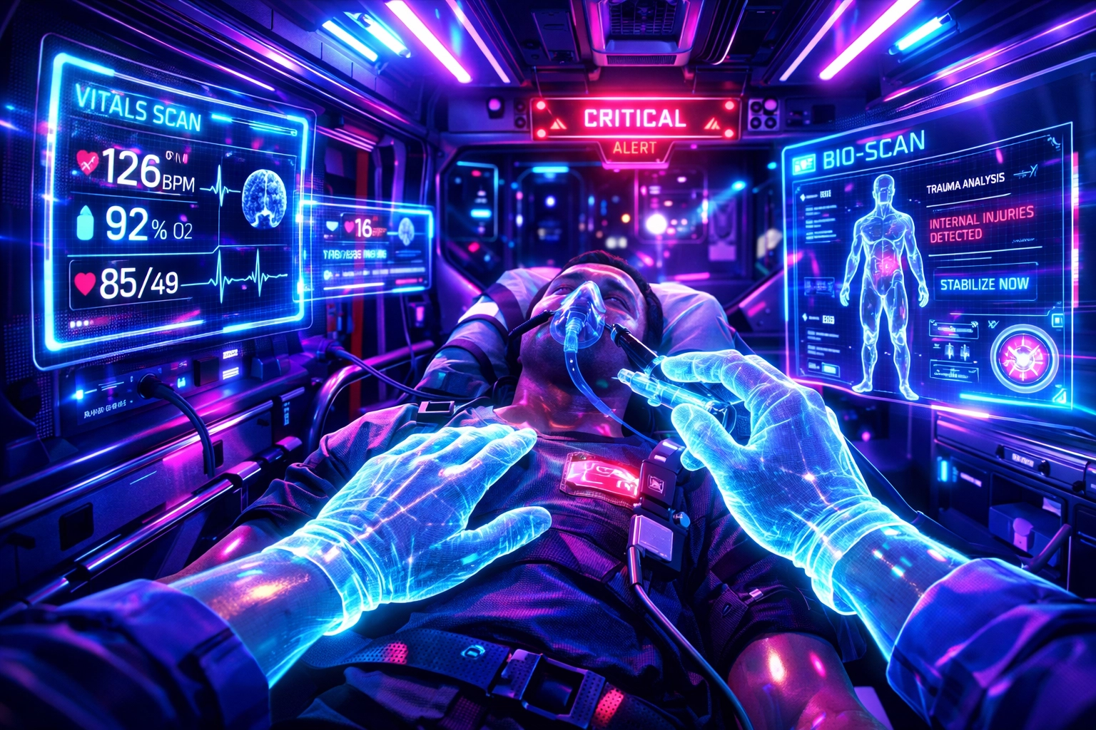 POV of virtual reality training for EMTs using futuristic holographic medical simulations.