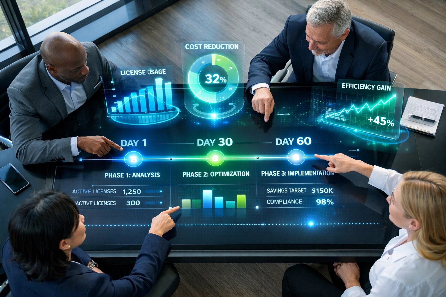 Business team reviewing 90-day ServiceNow ITAM implementation roadmap with license optimization milestones