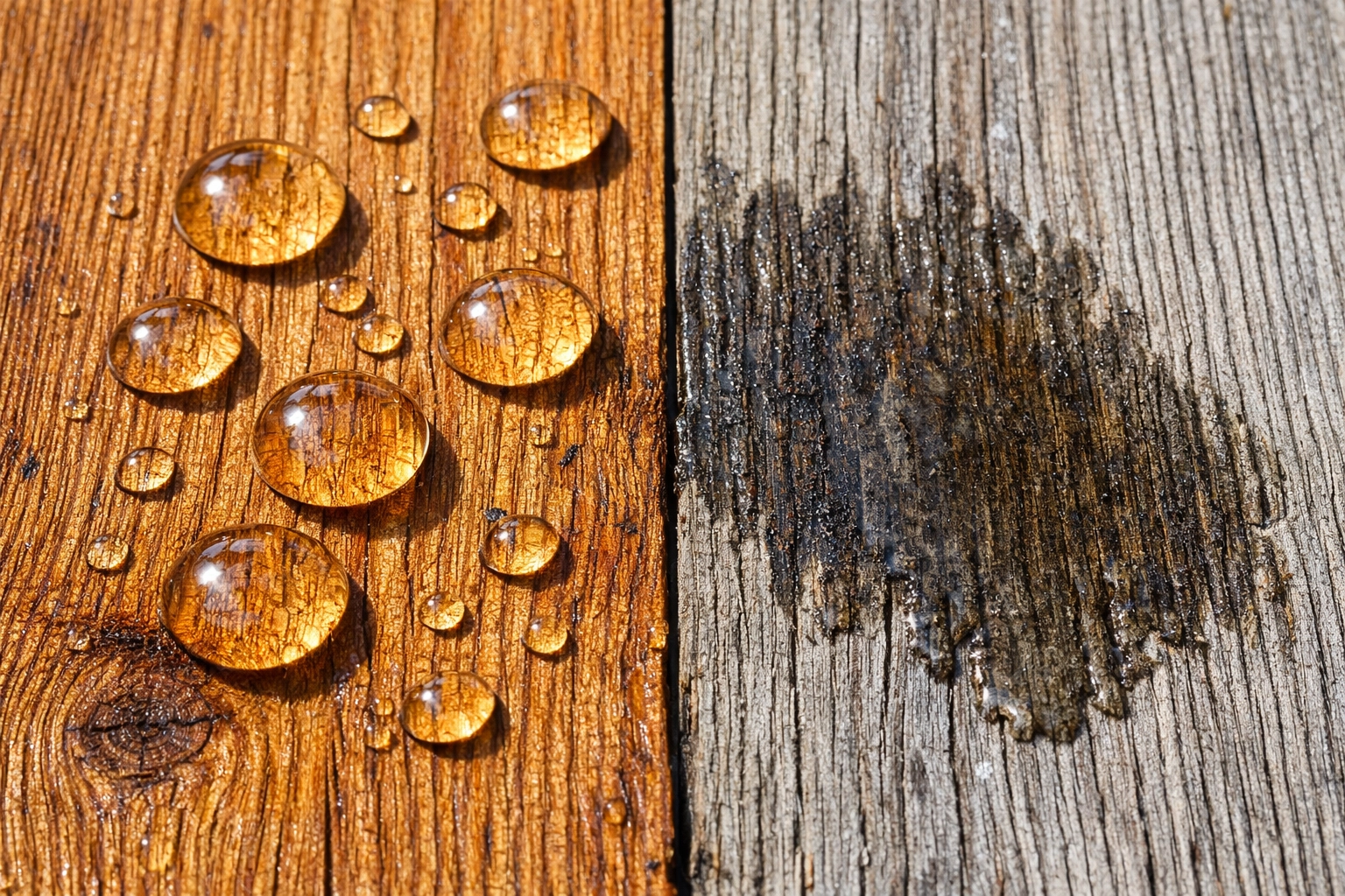 Garage door water test showing water beading on stained wood versus soaking into unprotected grain.
