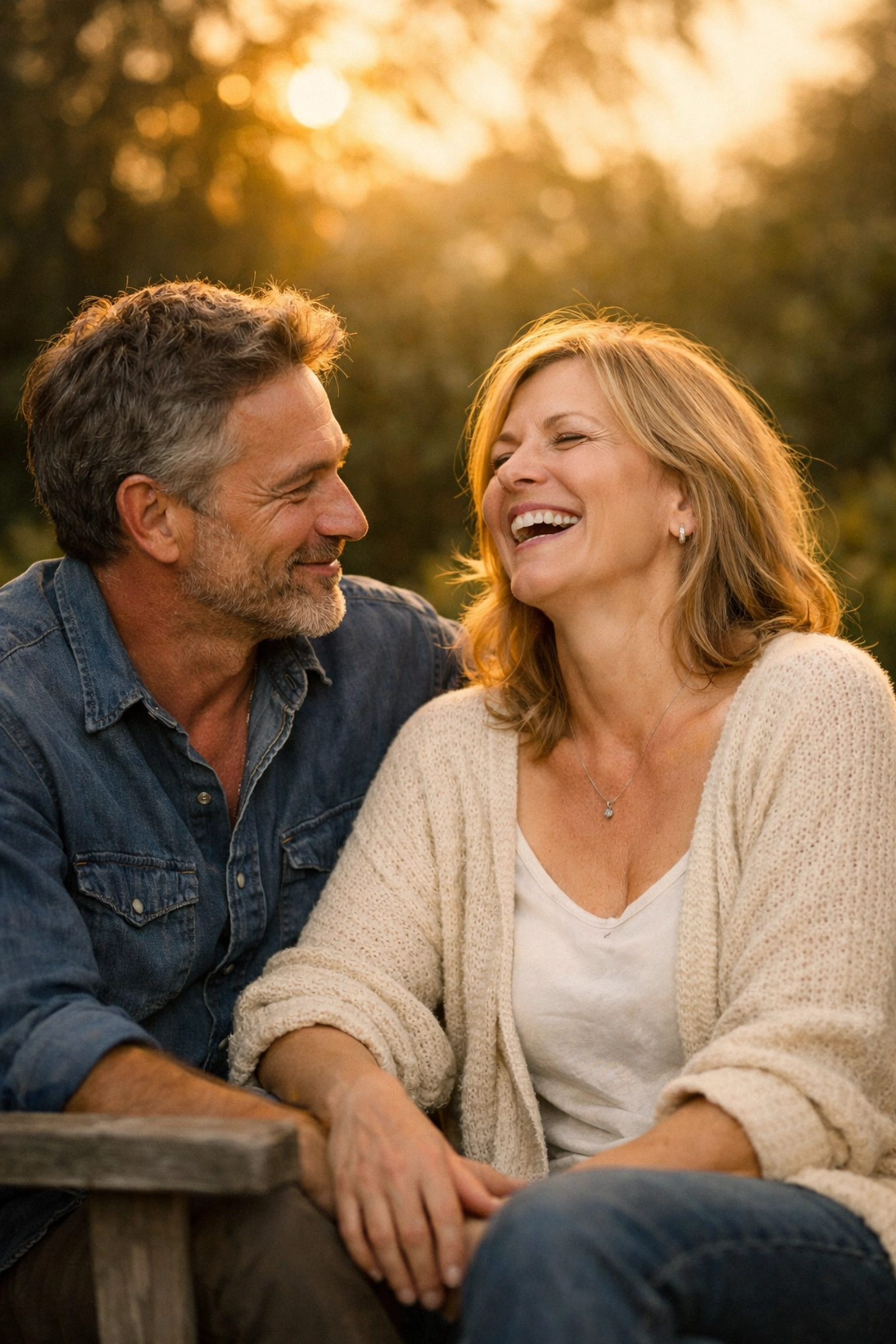 A happy midlife couple sharing a laugh, demonstrating the power of authentic connection and relationship repair.