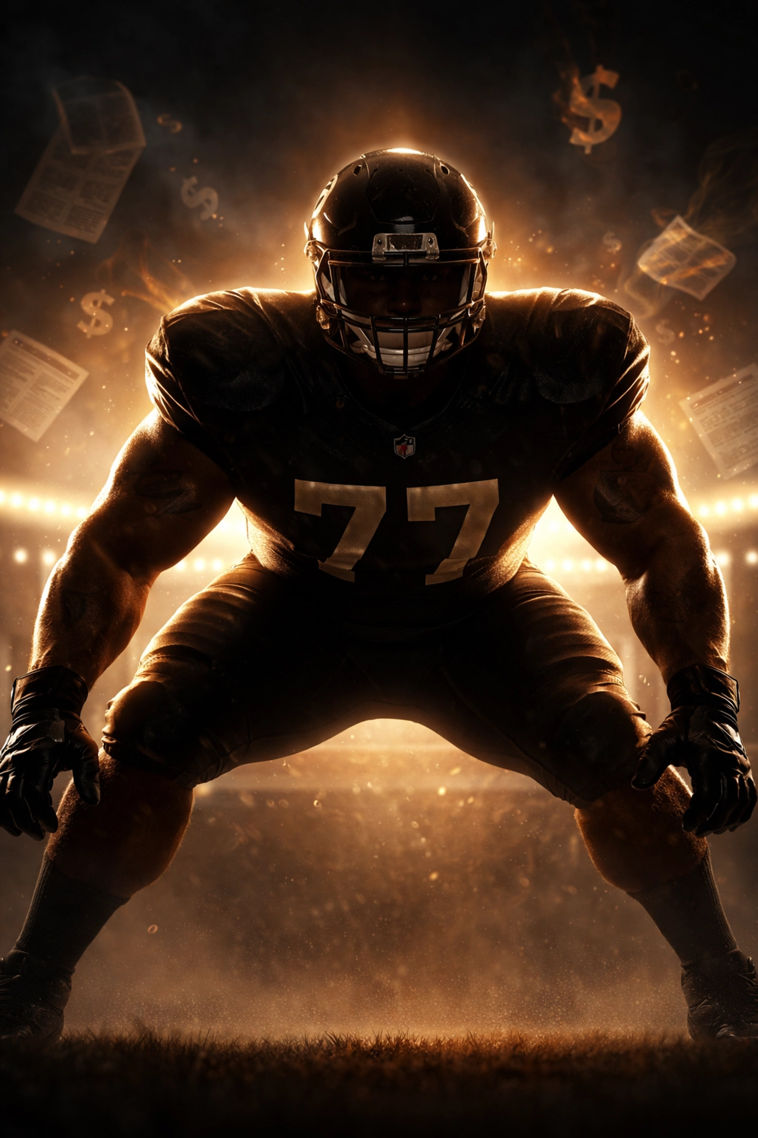 Powerful offensive lineman blocks under stadium lights, symbolizing high-value economics in college football.