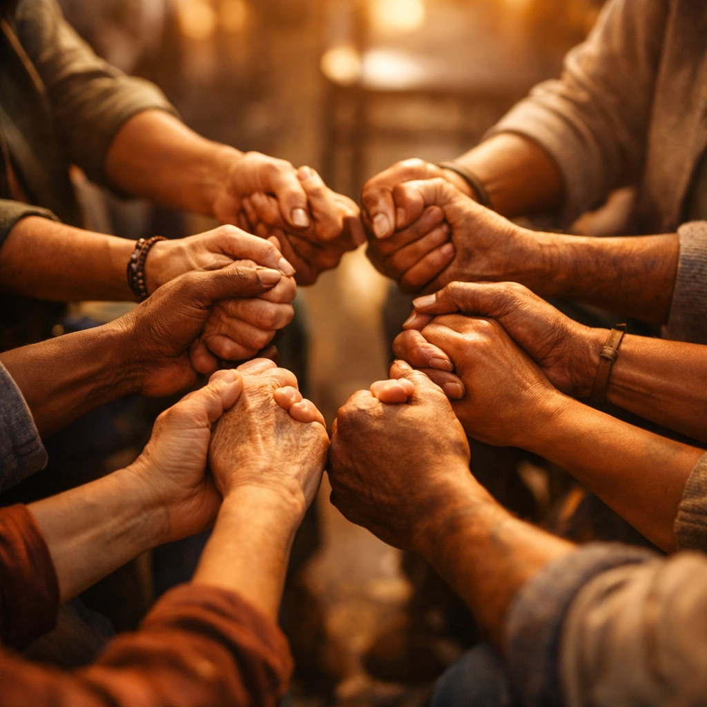 Diverse hands joined in prayer circle symbolizing Christian unity and community response