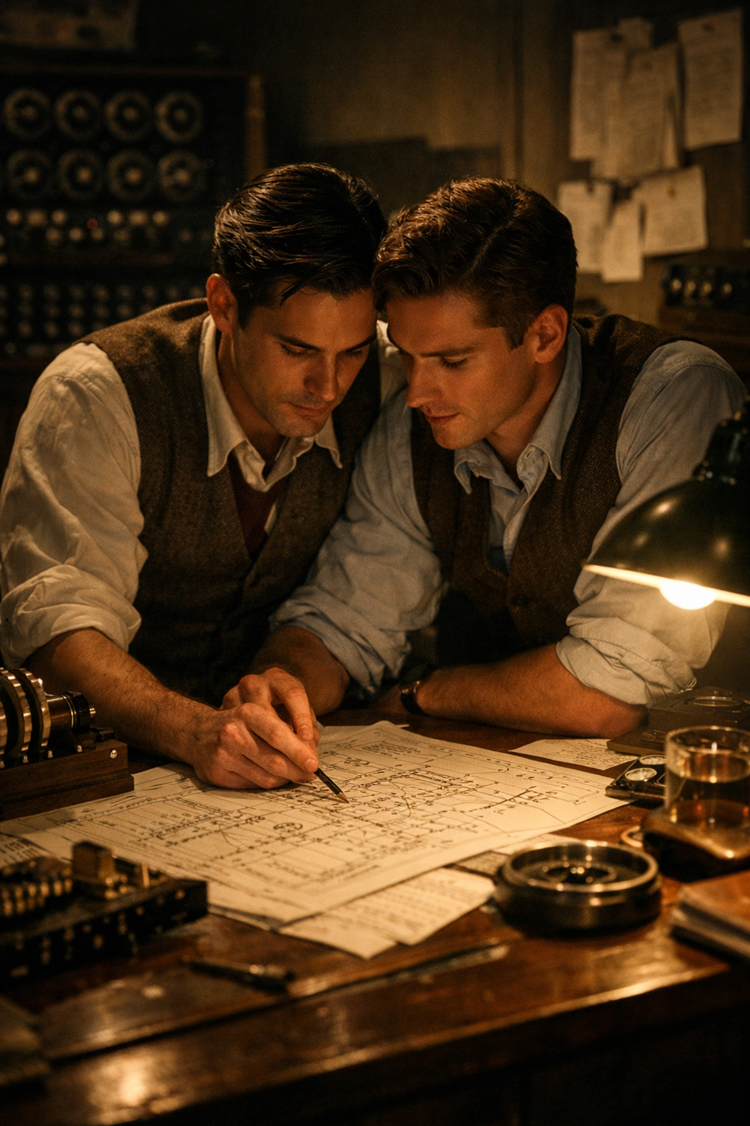 Two men in a 1940s office, reflecting the quiet intimacy mm romance novels often explore.