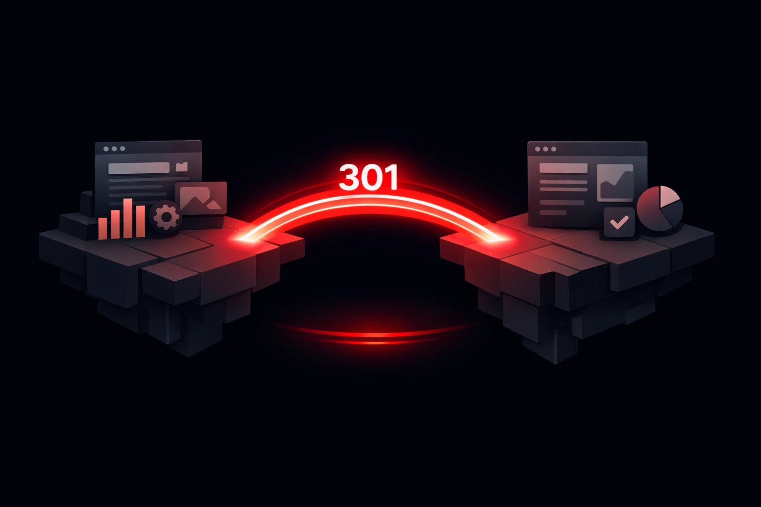 A digital bridge connecting two platforms, representing SEO 301 redirects for a website migration.