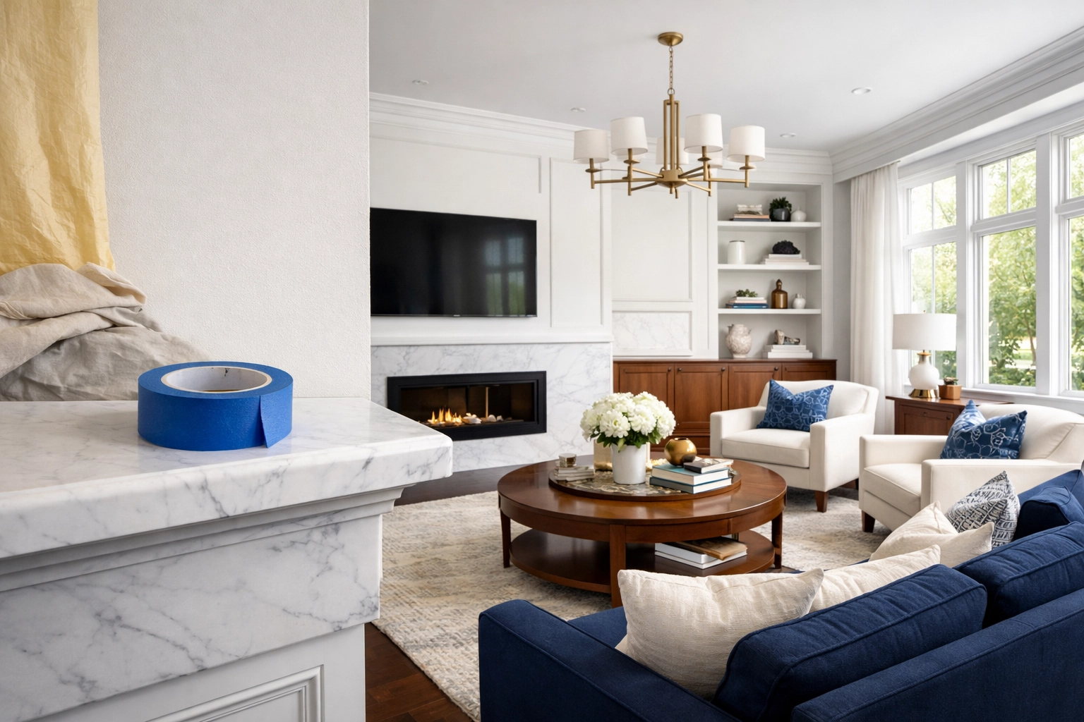 Spotless modern living room in Massachusetts after expert post-construction cleaning services were performed.