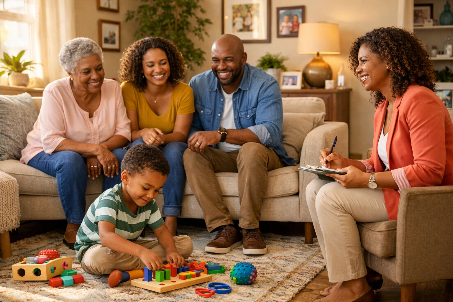 Multi-generational Black family receiving personalized ABA therapy at home in Georgia