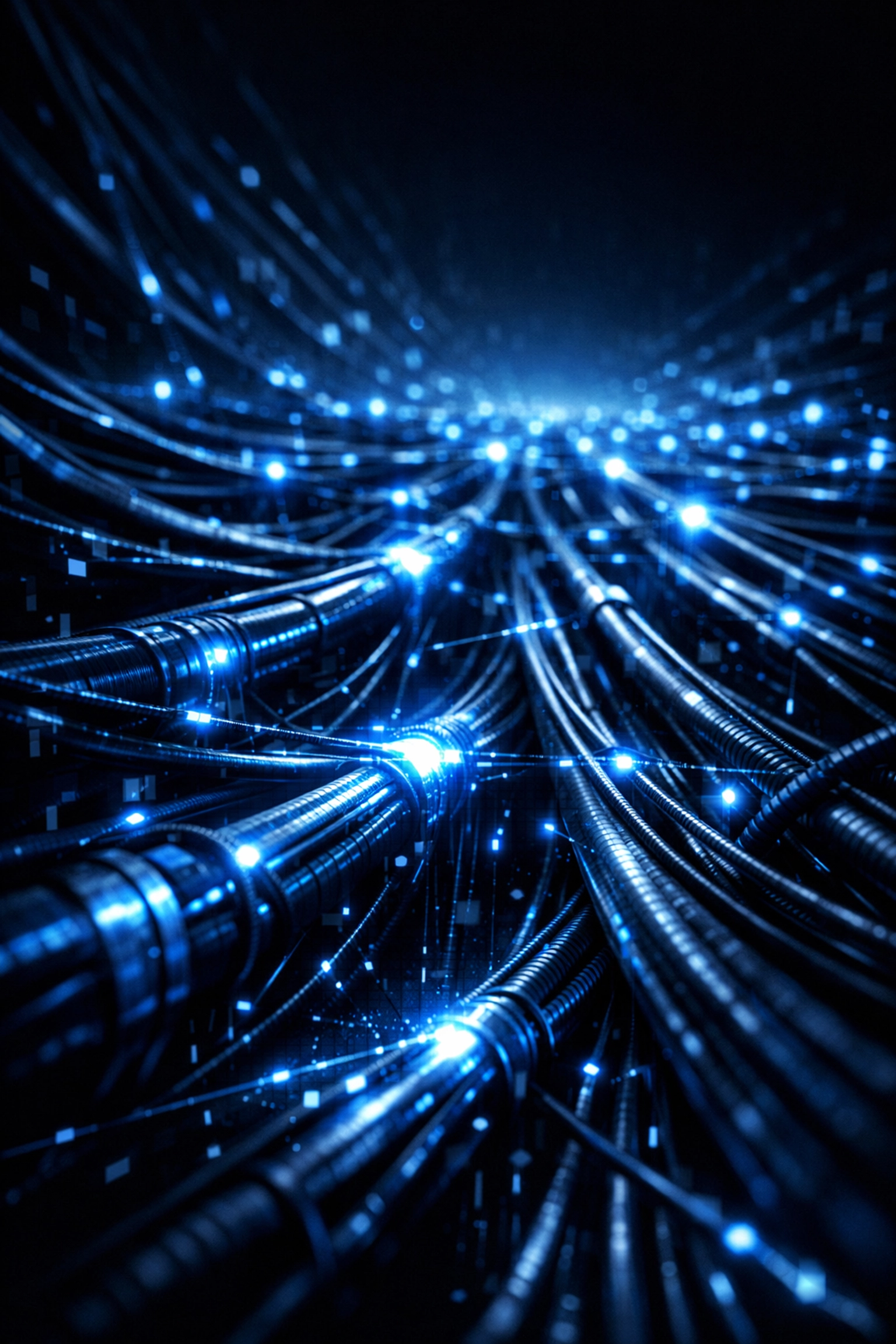 Glowing fiber optic data network highlighting the technical stability and secure flow of a custom CRM.