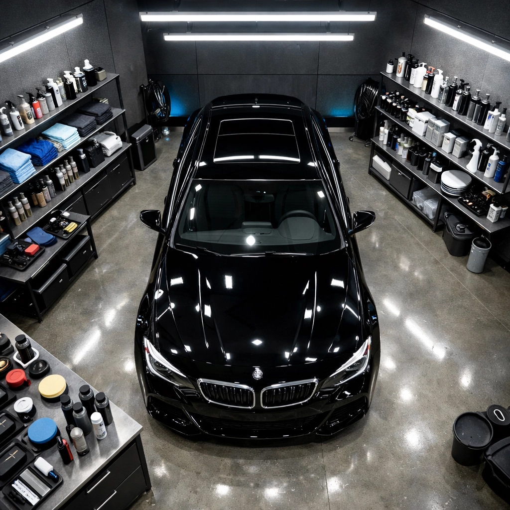Professional auto detailing shop with organized workspace and luxury vehicle under LED lighting