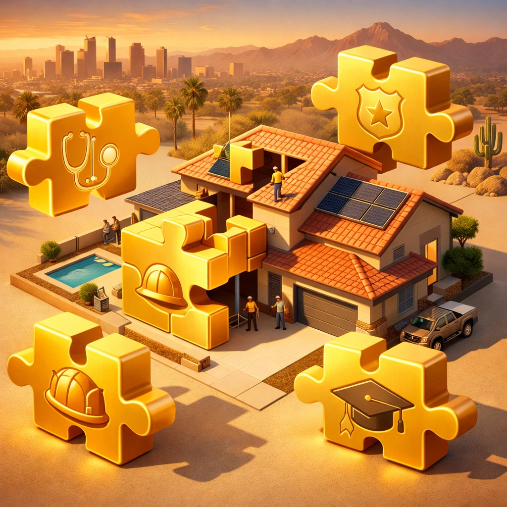 A Phoenix home constructed from puzzle pieces representing hero real estate commission savings. A Phoenix home constructed from puzzle pieces representing hero real estate commission savings.