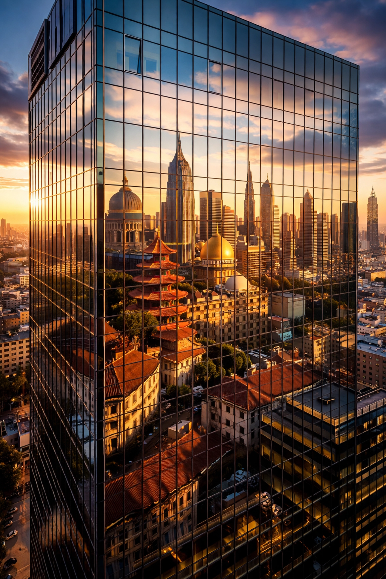 Modern office building reflecting a global cityscape, symbolizing international diversification in investment portfolios.