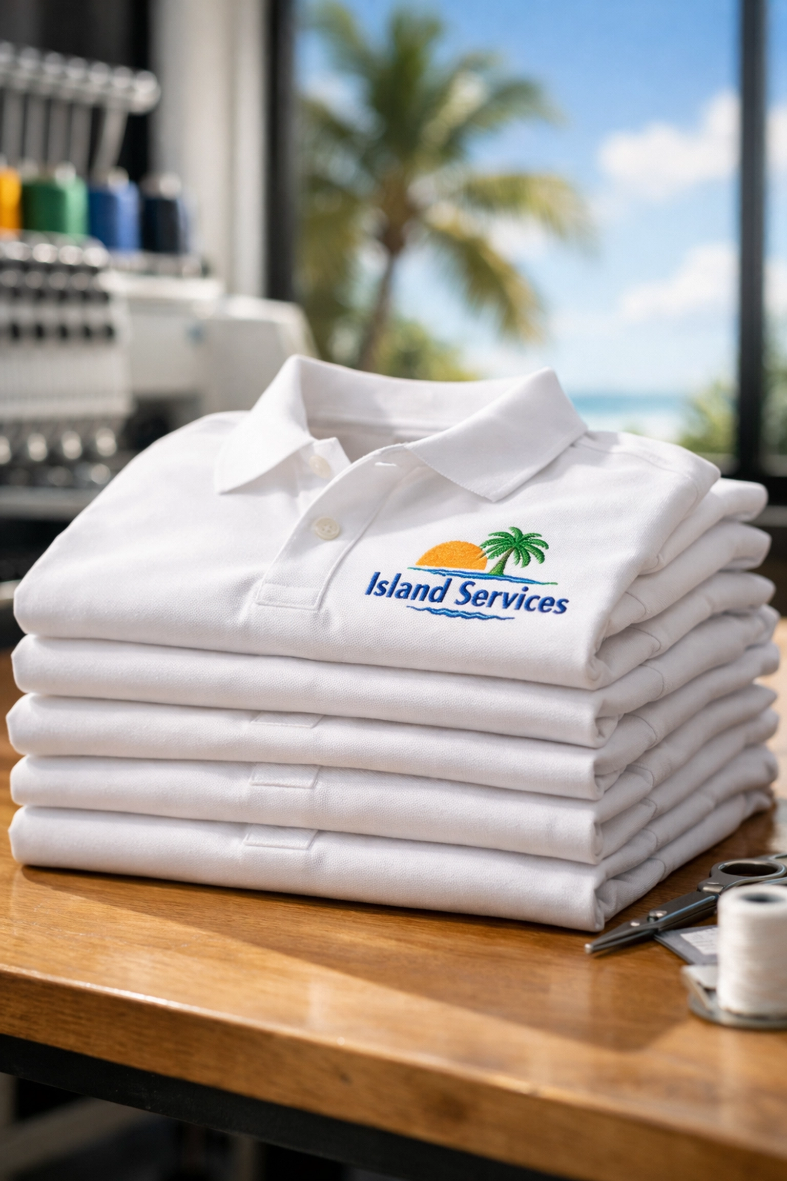 Stack of professional custom embroidered white polo shirts for local Kona business uniforms.
