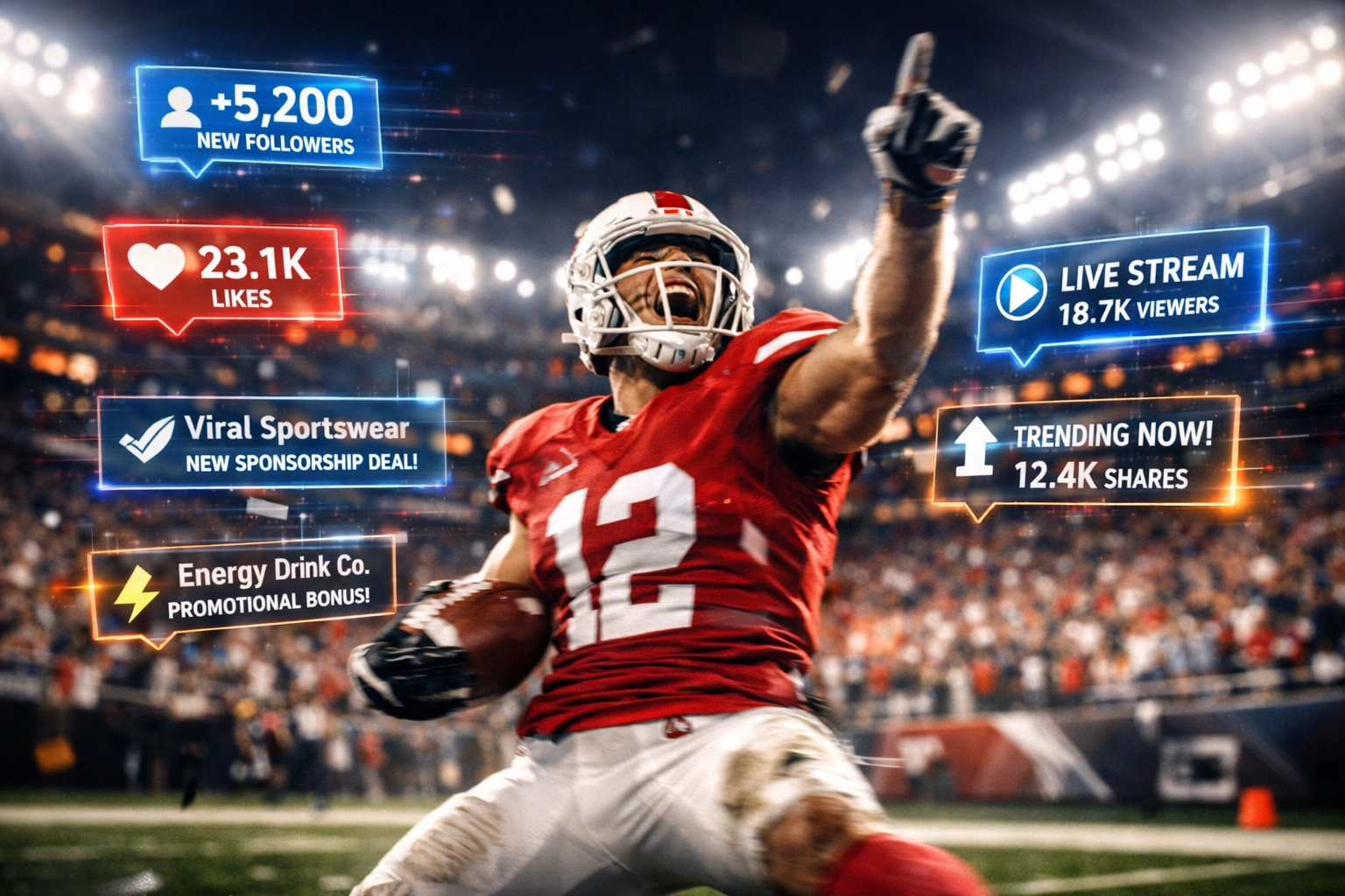 College football player celebrating touchdown with real-time social media engagement metrics