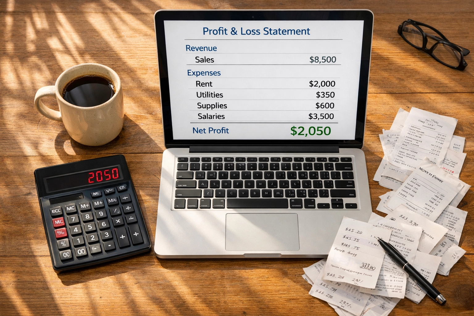 Small business owner calculating self-employment tax on LLC profits with laptop and receipts