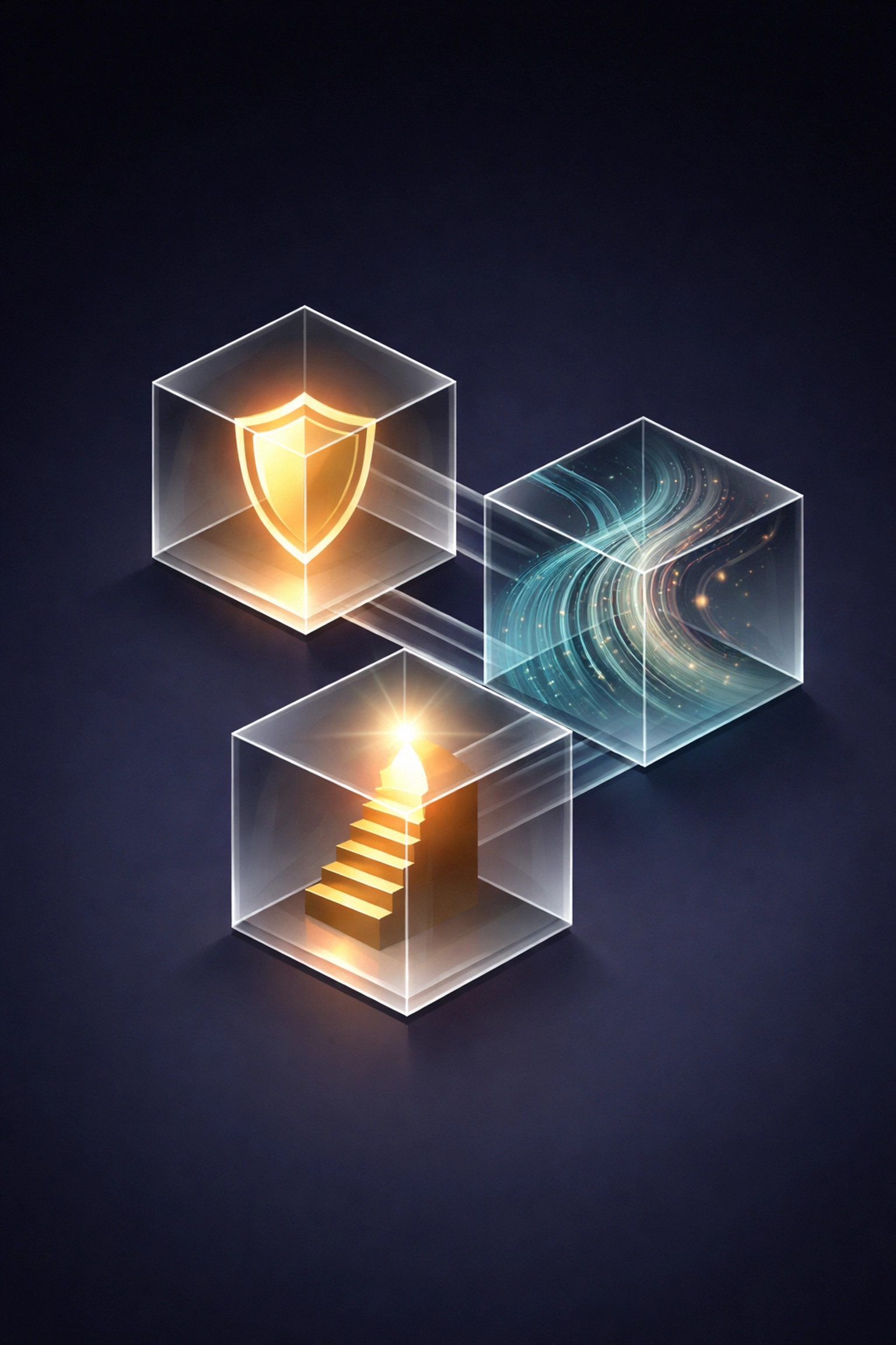 Glass cubes symbolize the three roles of alternative investments: downside protection, uncorrelated returns, and upside potential.