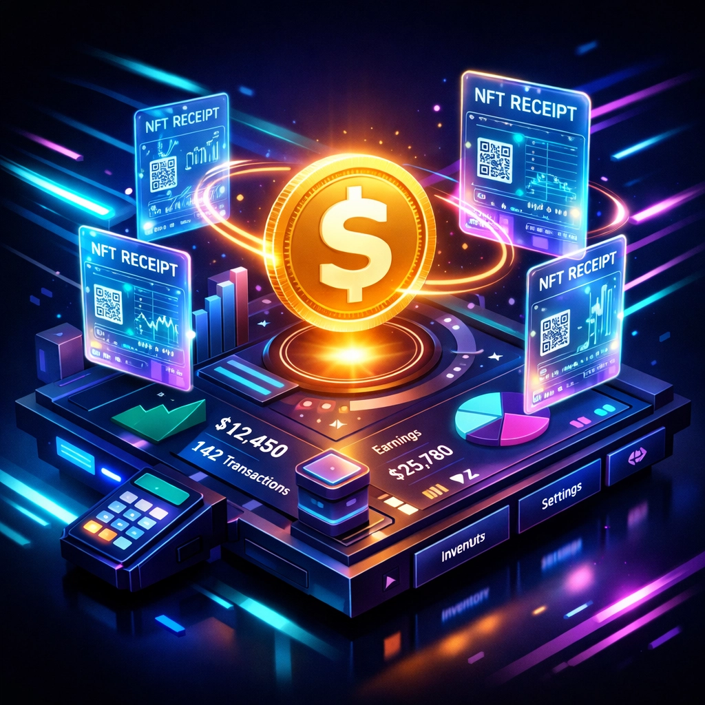 Web3 merchant dashboard showing stablecoin payments and NFT receipts for transparent business accounting.