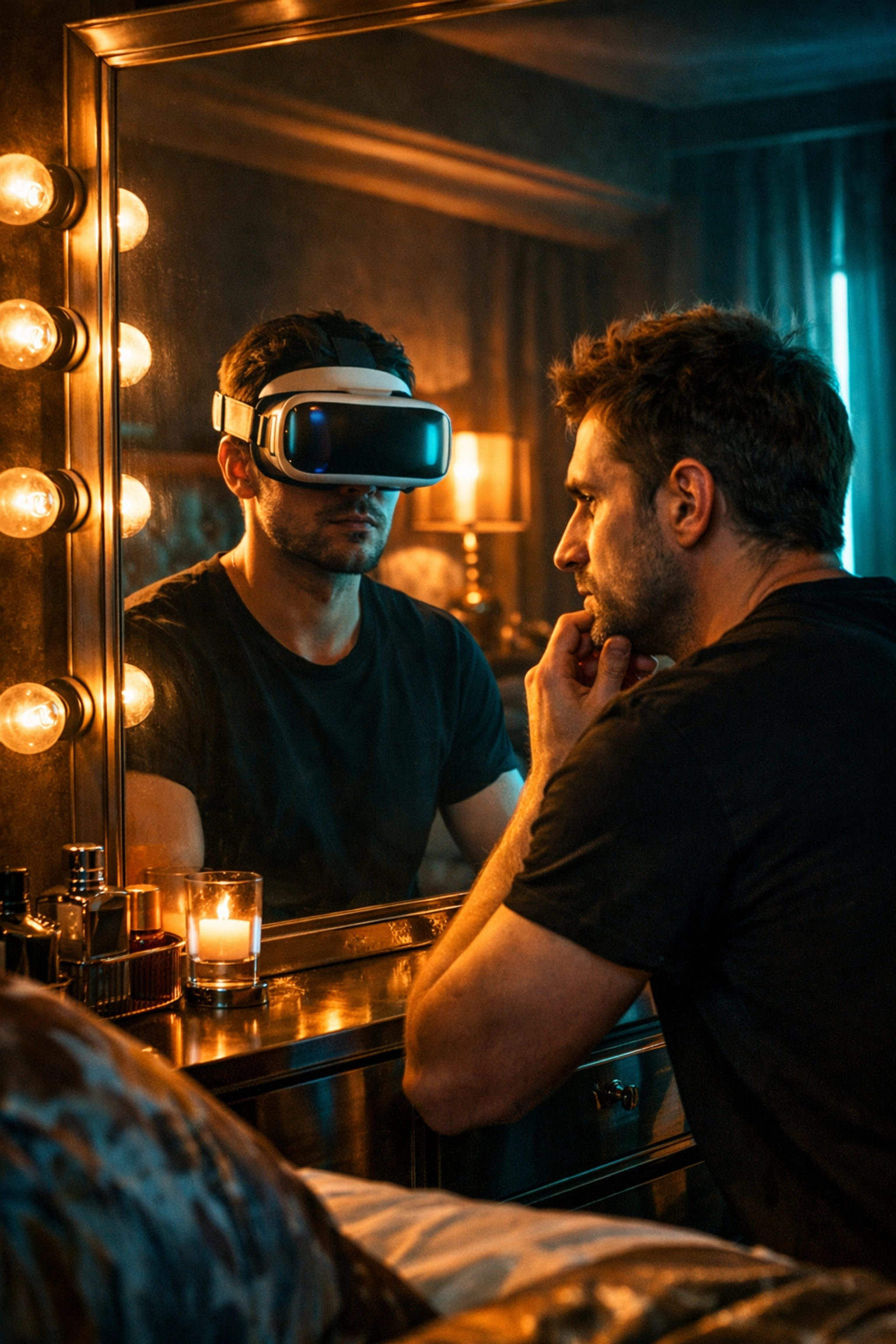 Person reflecting on digital dependency with AI and real intimacy in mirror