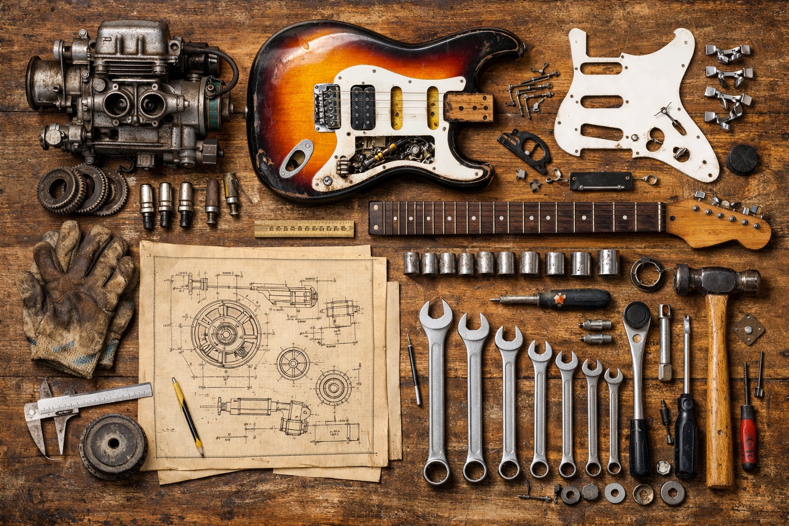 A workbench with tools and mechanical parts, illustrating the pillar of practical common sense.