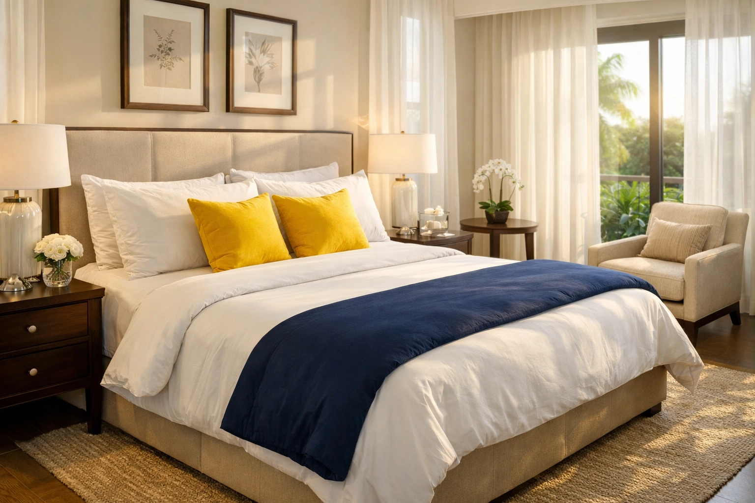 A serene, spotless master bedroom illustrating the relaxation provided by professional house cleaning Worcester MA.