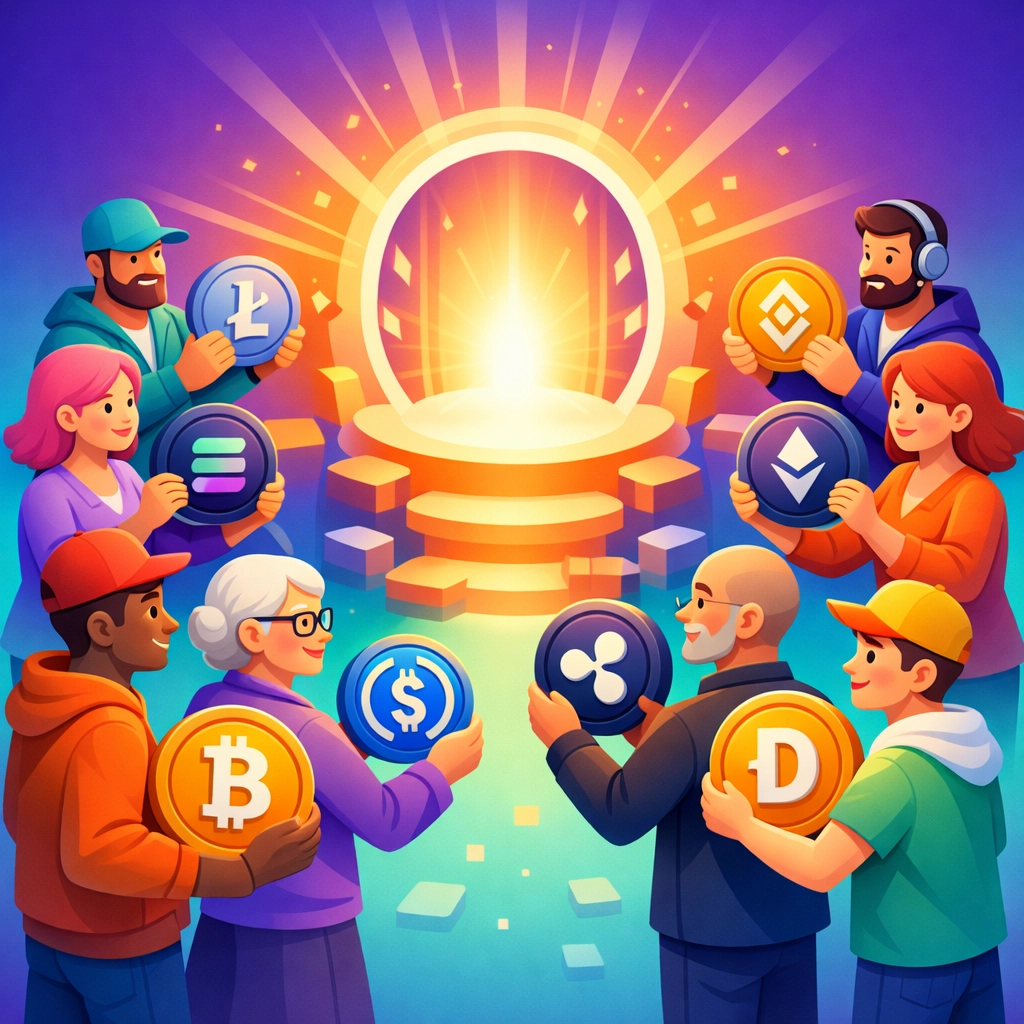 Diverse crypto users holding Bitcoin, stablecoins, and altcoins in Web3 ecosystem