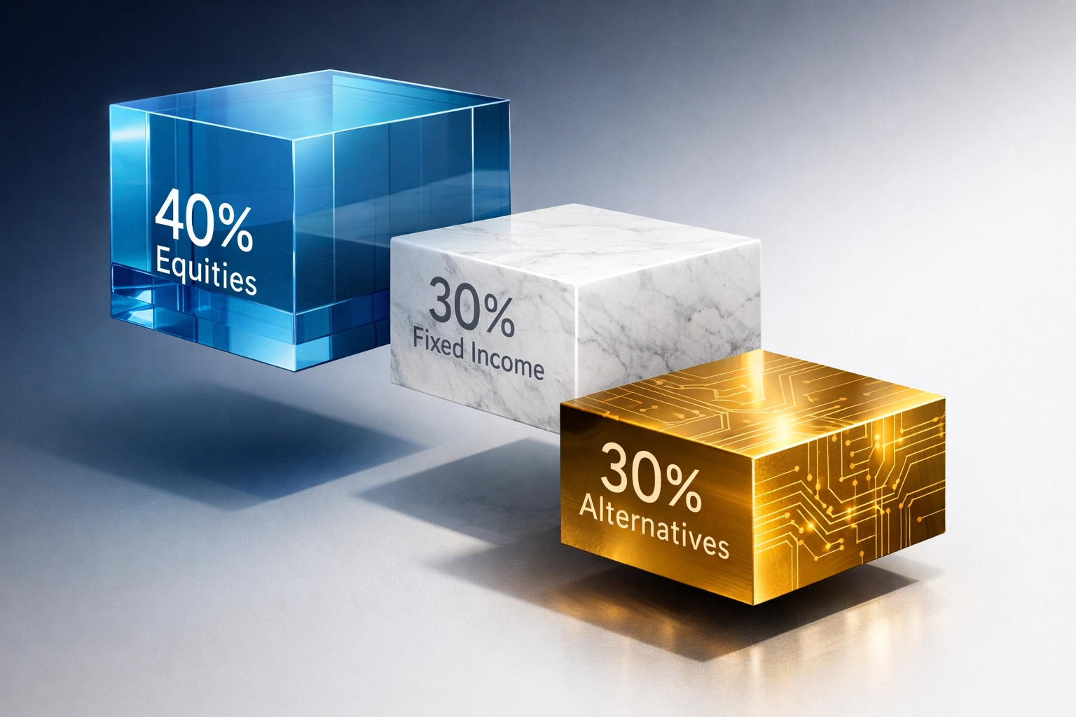 40/30/30 portfolio model visualization showing equities, fixed income, and alternatives allocation