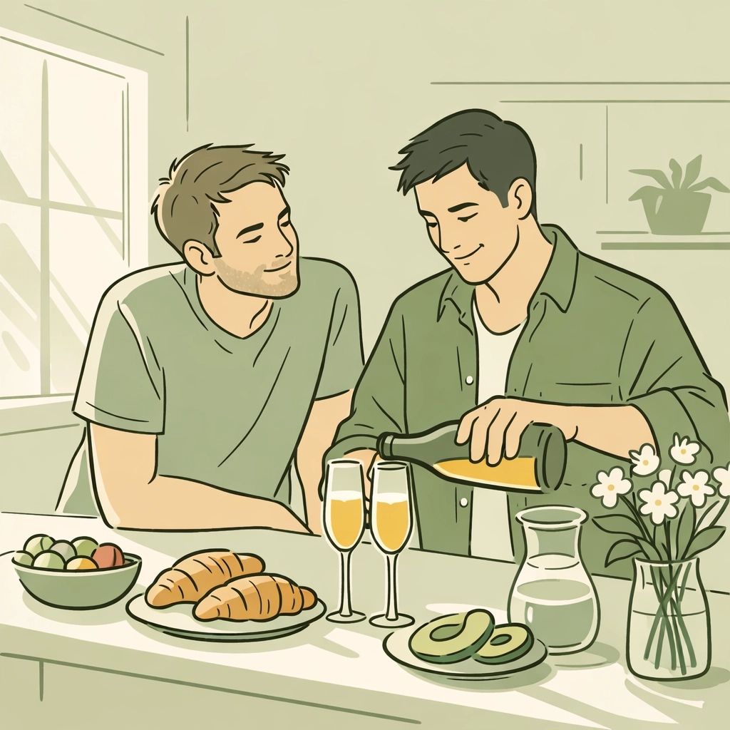Gay couple preparing mimosas together at home brunch celebrating modern LGBTQ+ lifestyle
