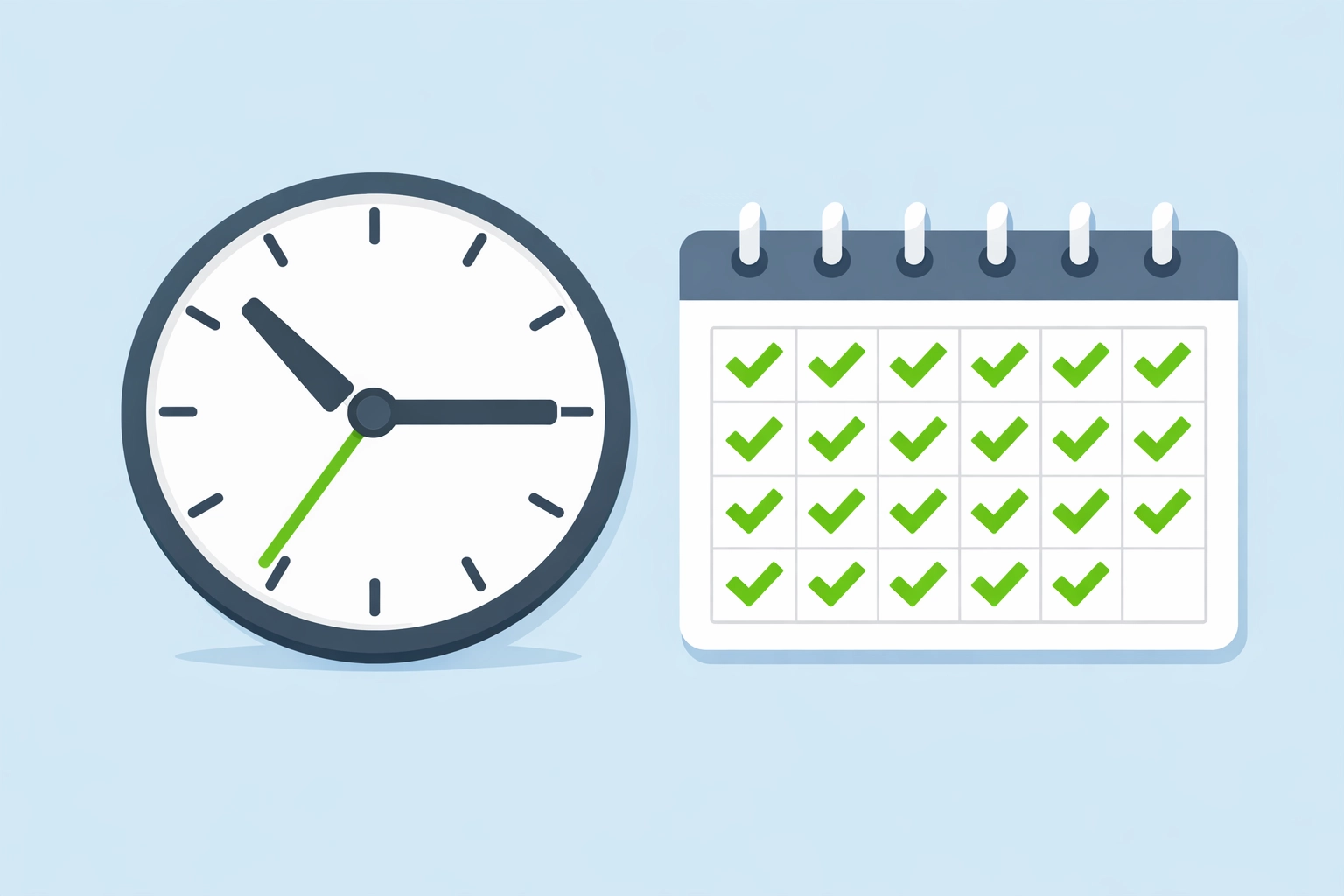 Reloj y calendario con marcas de éxito representando el cumplimiento de pagos a tiempo y puntualidad.