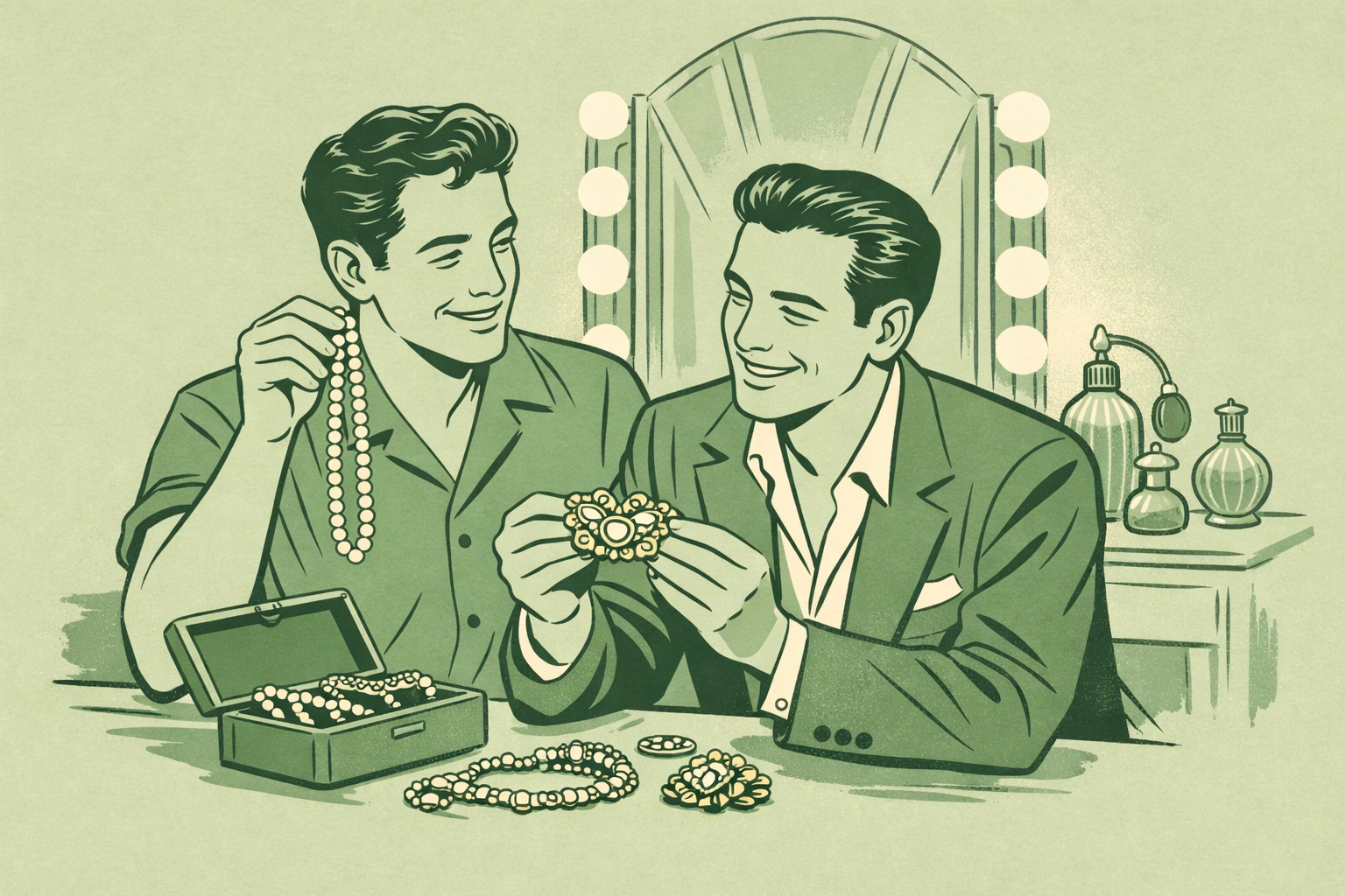 Gay men examining vintage jewelry together - pearls and gold pieces at elegant dressing table