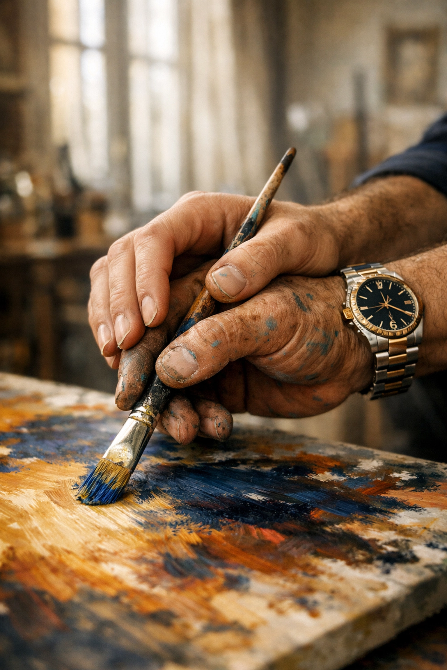 Patron and artist hands painting together in Paris studio - MM romance and creative partnership