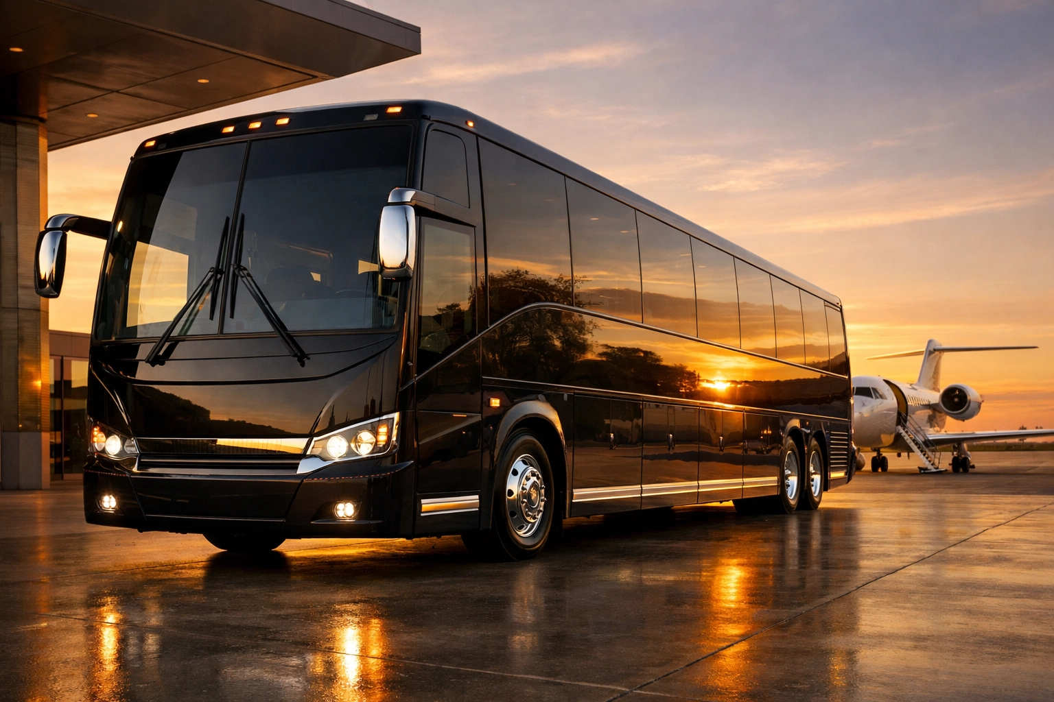 Luxury executive coach bus at private airport terminal for Super Bowl corporate travel