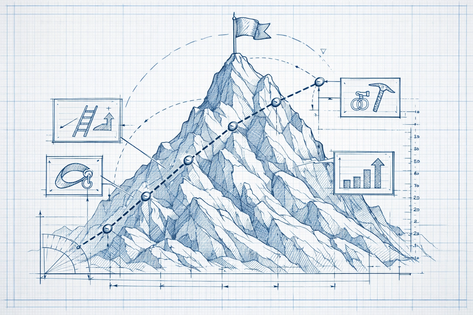 Blueprint sketch of a mountain peak representing strategic goals for sales automation and pipeline automation.