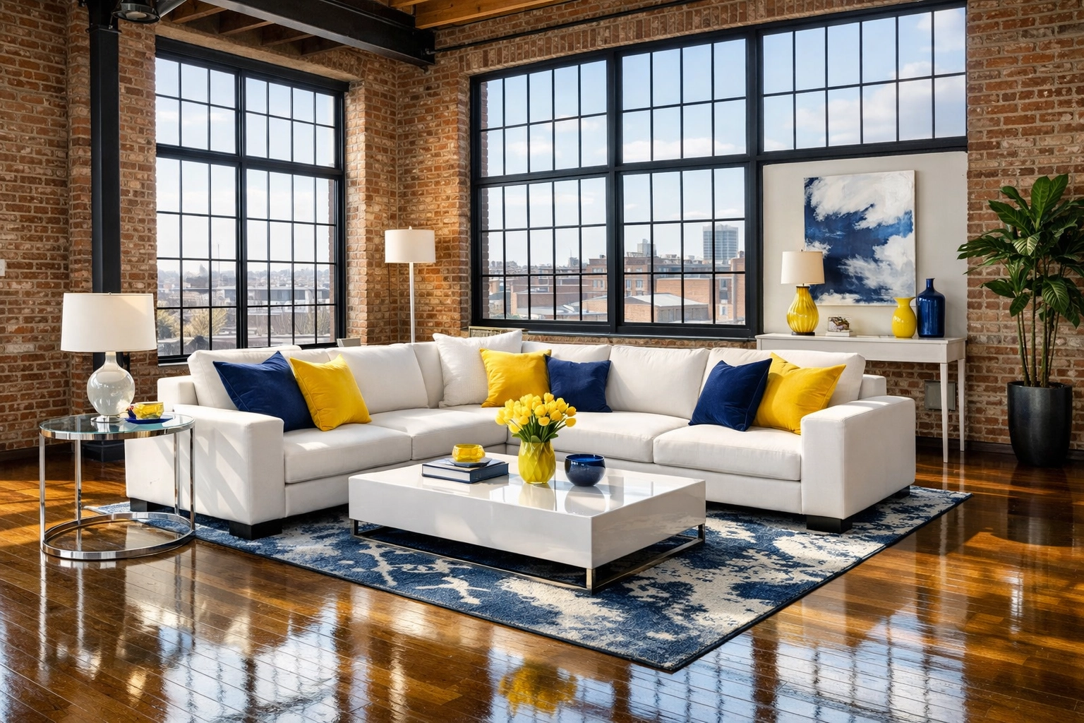 Spotless modern loft living room with polished hardwood floors, perfect for professional house cleaning Worcester MA.