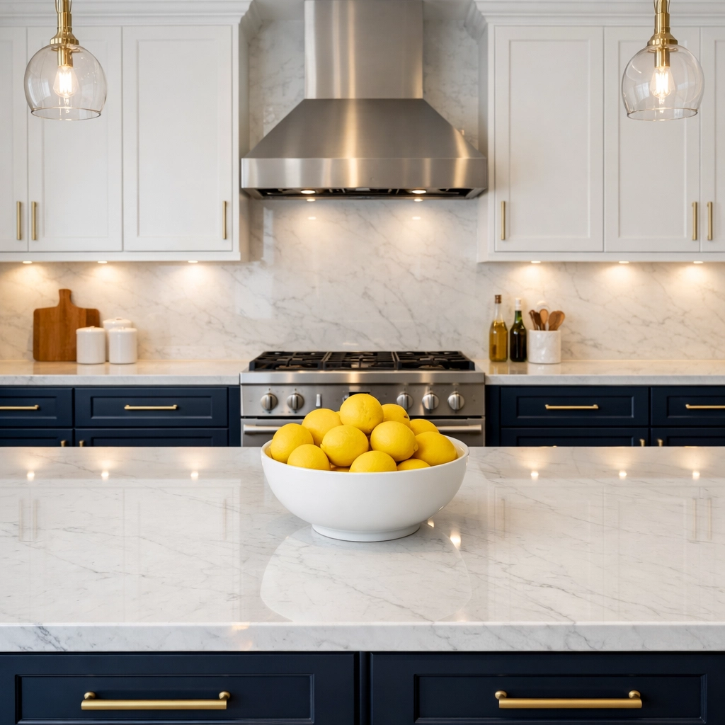Professional kitchen cleaning maintains white marble countertops and blue cabinetry in a minimalist home.