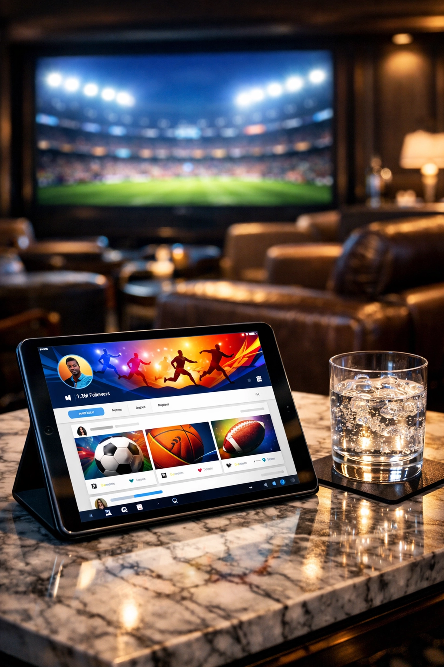Tablet displaying Super Bowl social media engagement in a luxury corporate executive lounge.