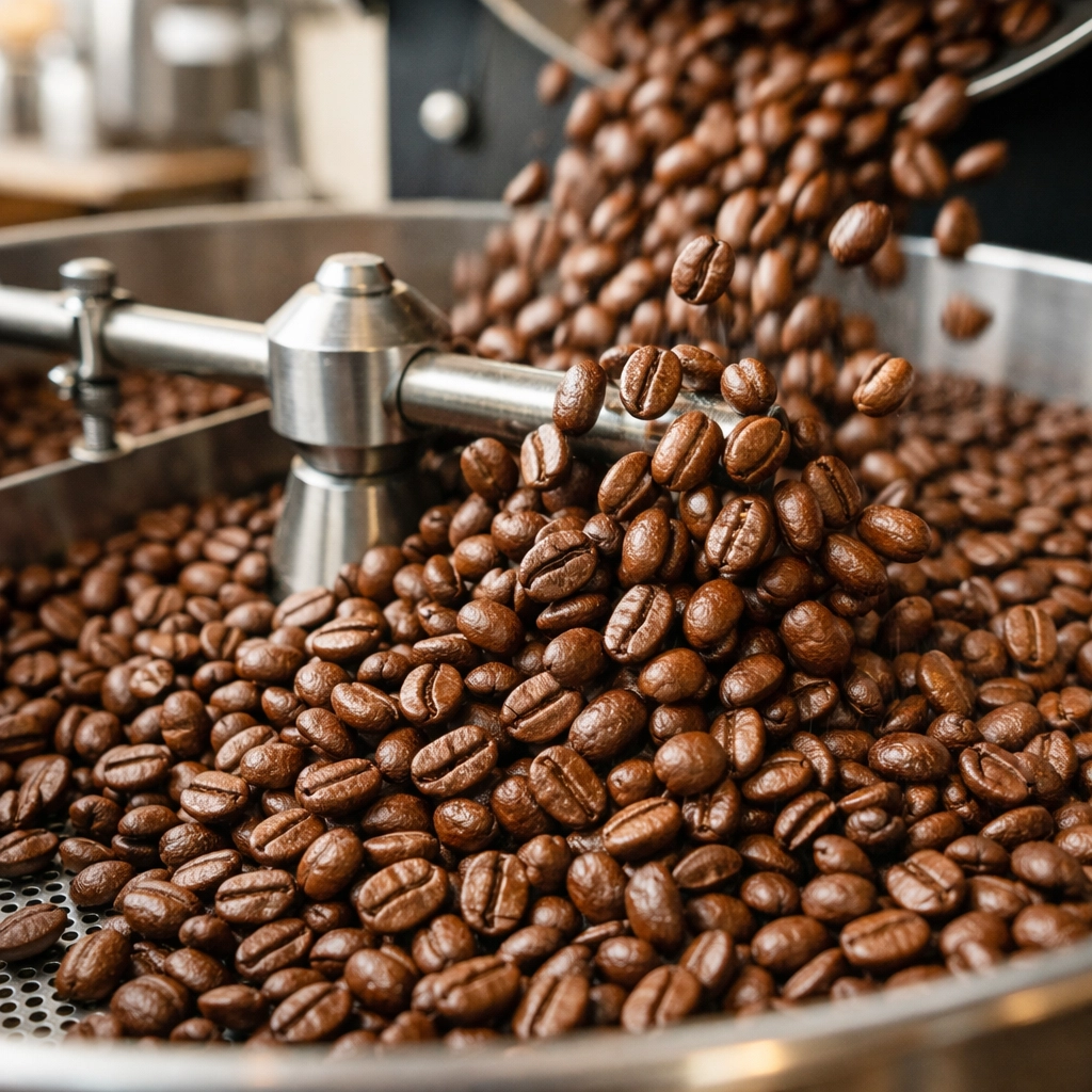 Freshly roasted specialty coffee beans in a cooling tray at a roastery, ensuring peak flavor and aroma.