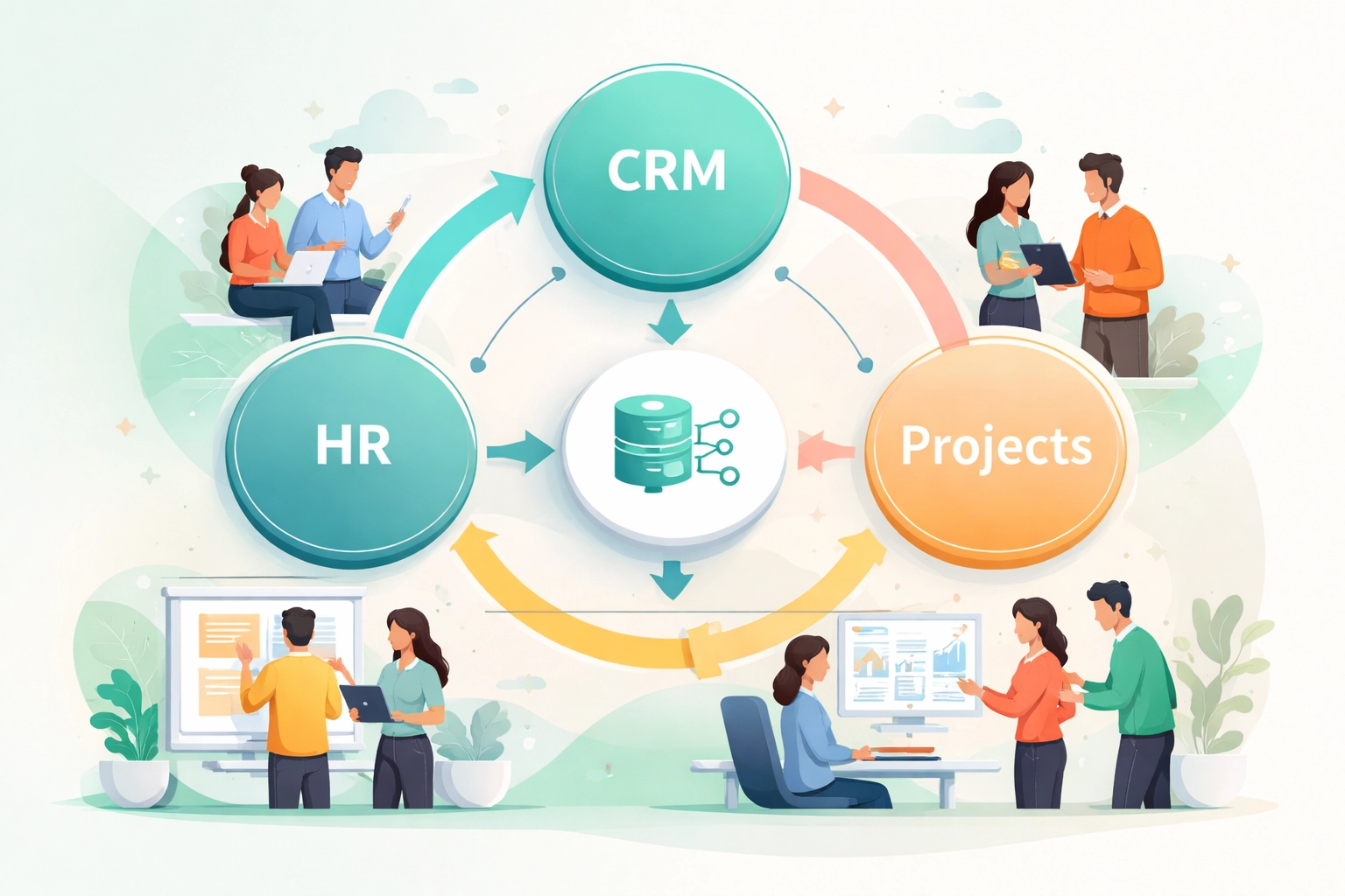 Illustration of unified HR, CRM, and project management systems connected in a central hub, representing seamless business integration.