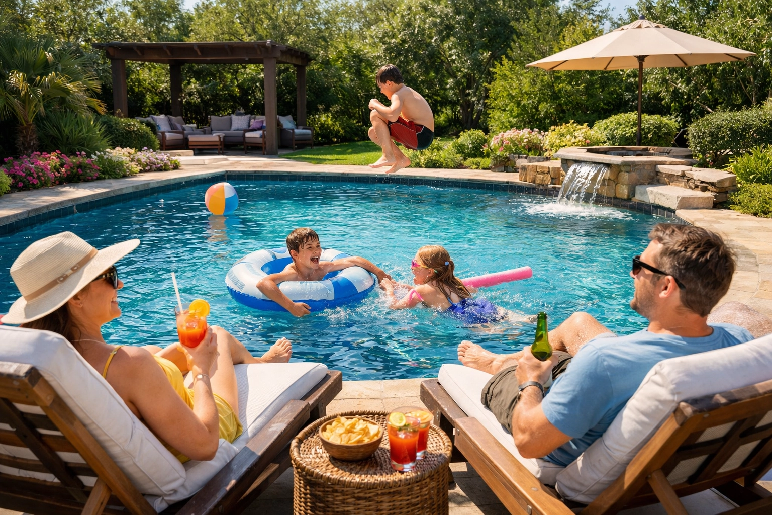 Family relaxing by sparkling clean pool with weekly pool service maintenance