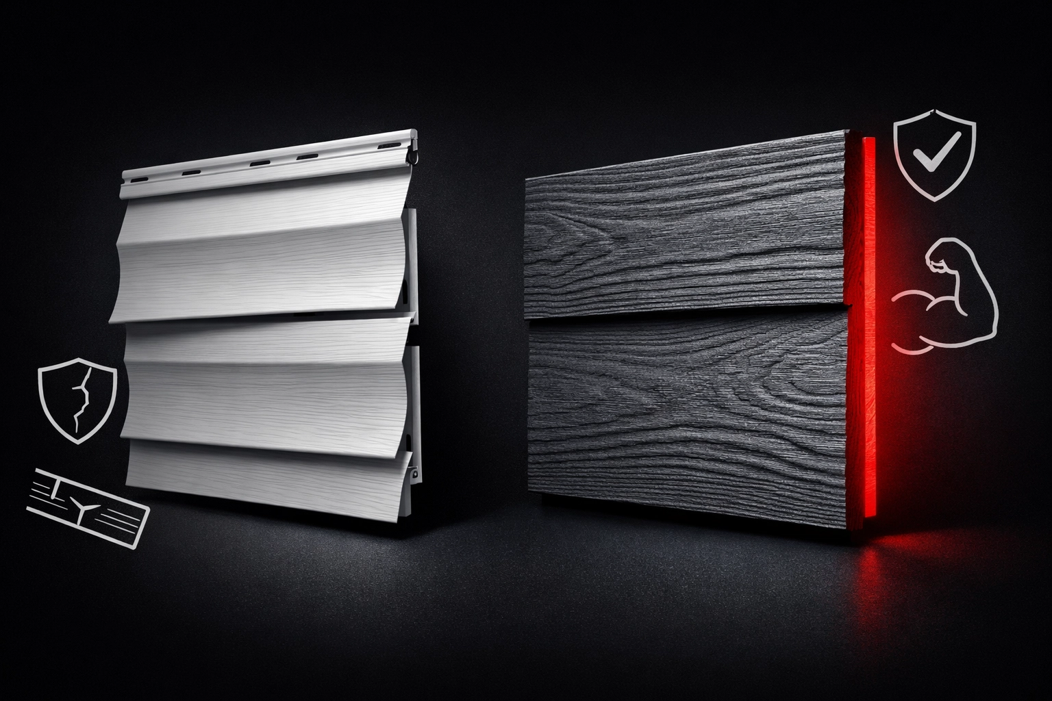 Comparison of flimsy vinyl siding versus durable James Hardie fiber cement siding for storm protection.