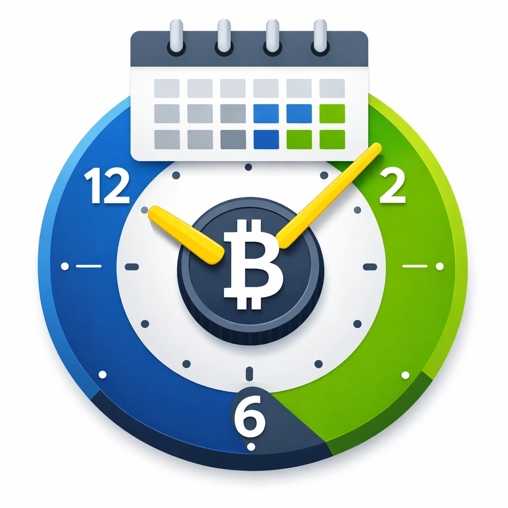 A clock and calendar visual showing short-term versus long-term crypto holding periods for tax planning.
