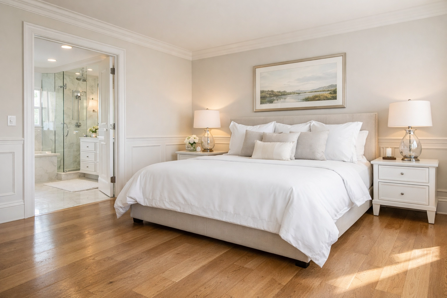 A spotless and professionally maintained master suite by Ultimate Cleaning Services.