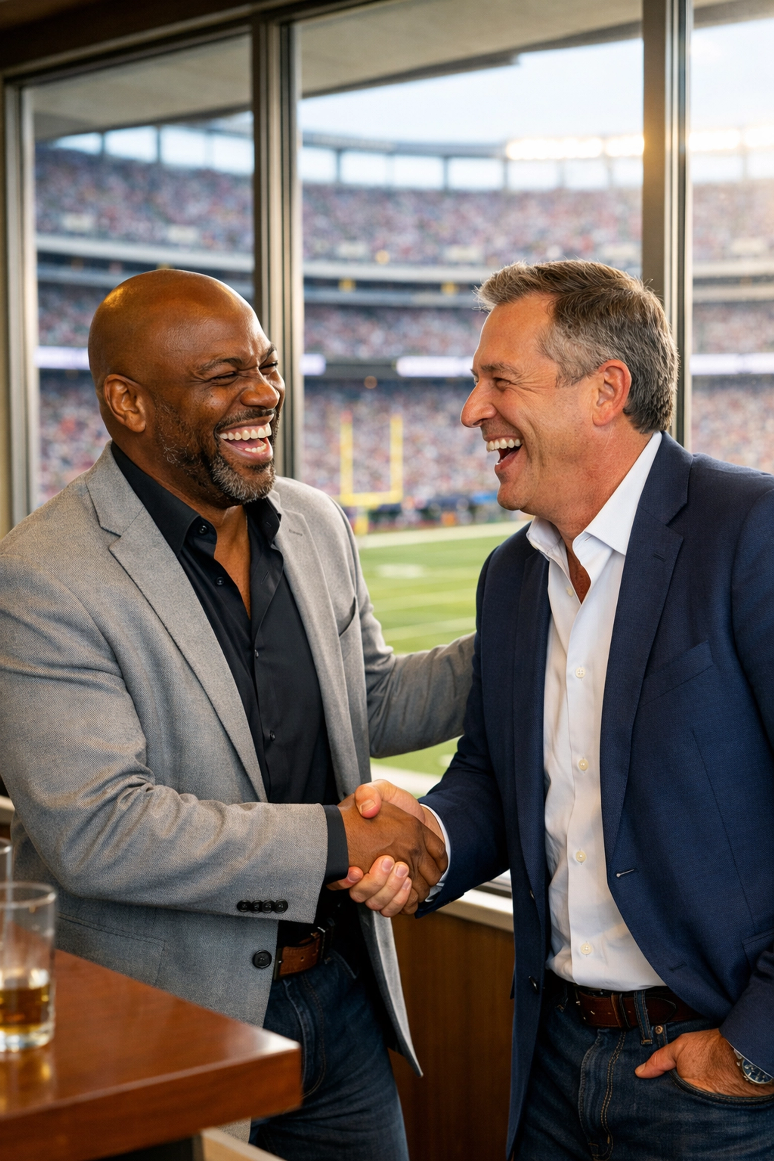 Executives networking and shaking hands in a luxury Super Bowl stadium suite.