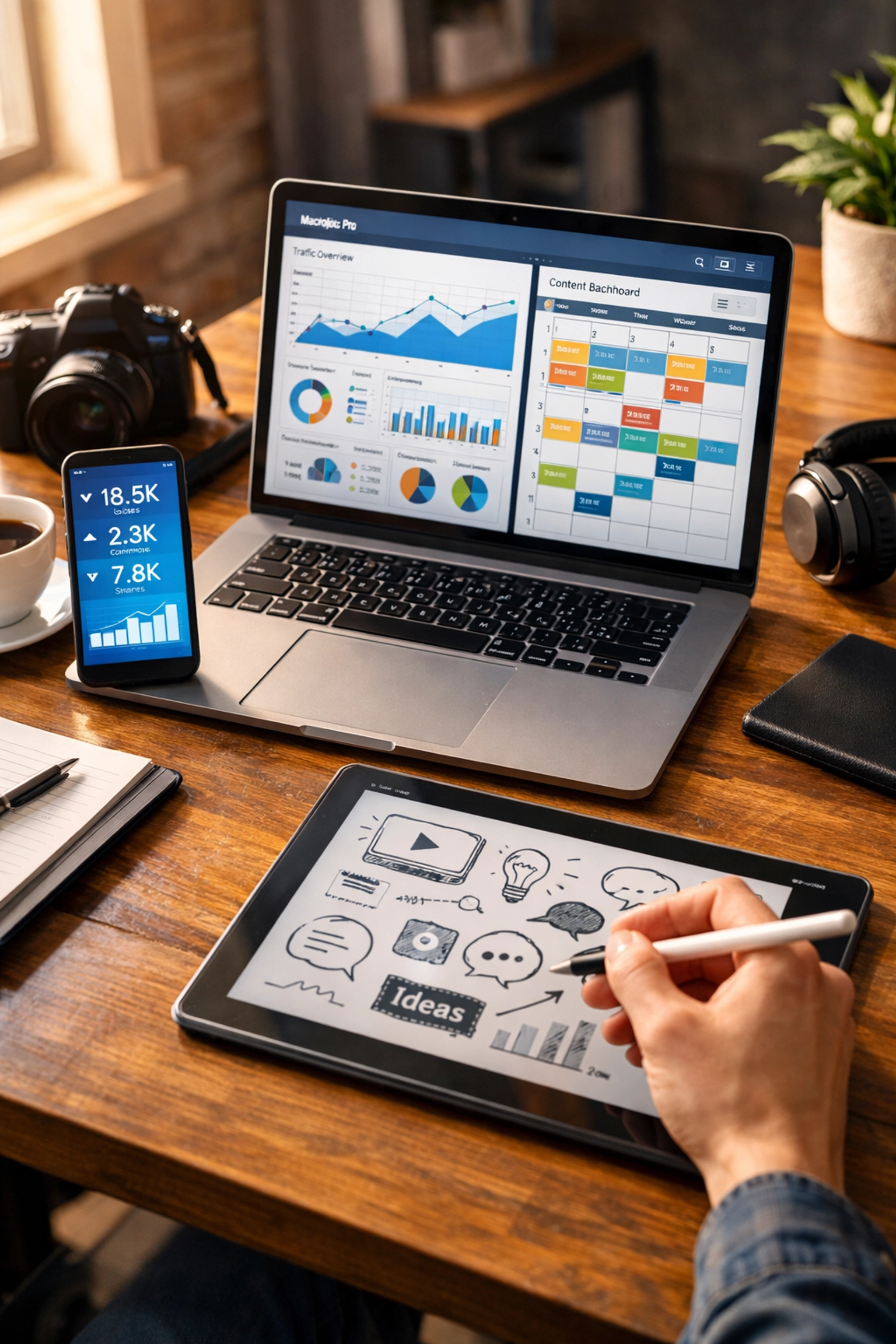 Digital media content creator workspace with analytics dashboard and social media engagement metrics