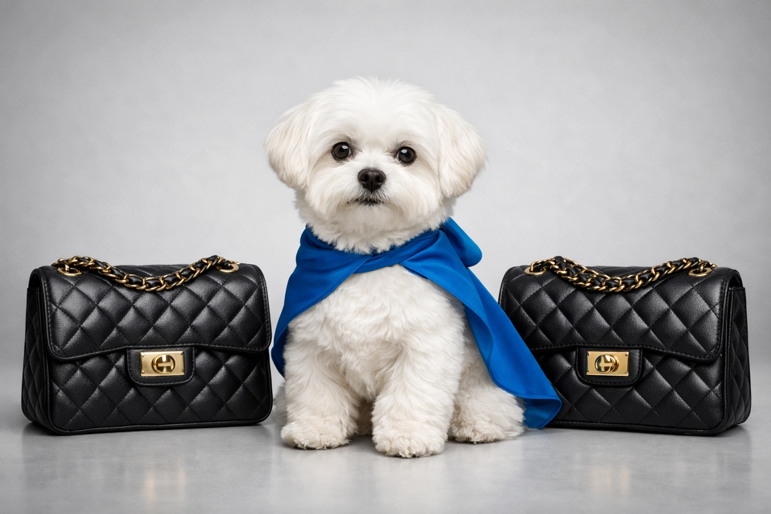 White Maltese dog in blue cape between luxury bags for a trusted online authentication service.