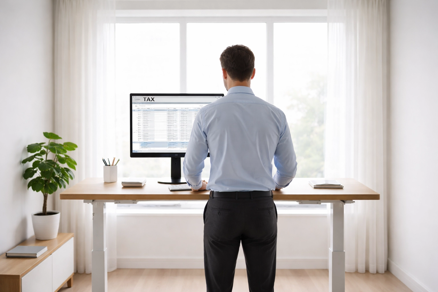Solo tax professional at standing desk in bright home office showing streamlined operations