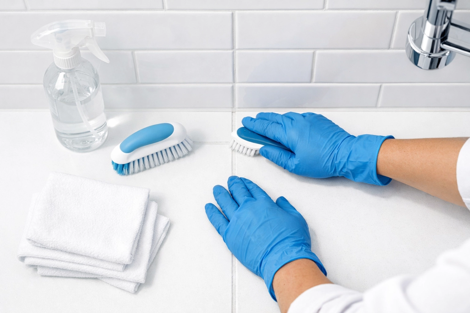 Professional deep cleaning bathroom tile and grout during apartment turnover