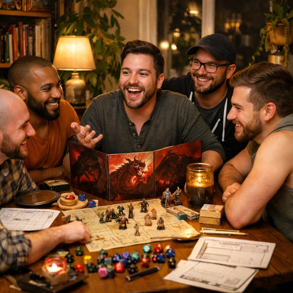 A group of gay men playing Dungeons and Dragons together, showcasing geeky queer hobbies and chosen family.