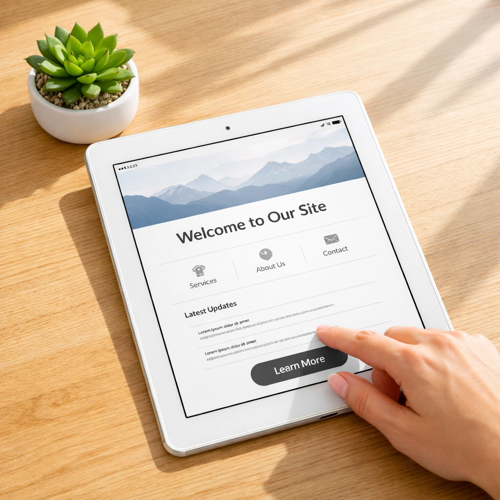 Tablet displaying a clear, user-friendly small business website design with simple navigation menus.
